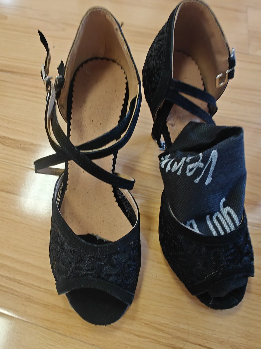 Black Lace Peep-Toe Strappy Dance Heels